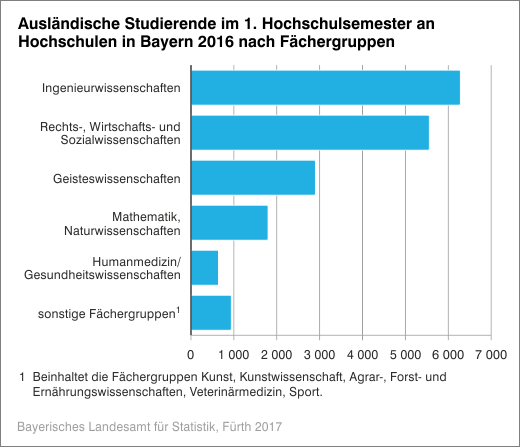 Ausländische Studierende im 1. Hochschulsemester an Hochschulen in Bayern 2016 nach Fächergruppen
