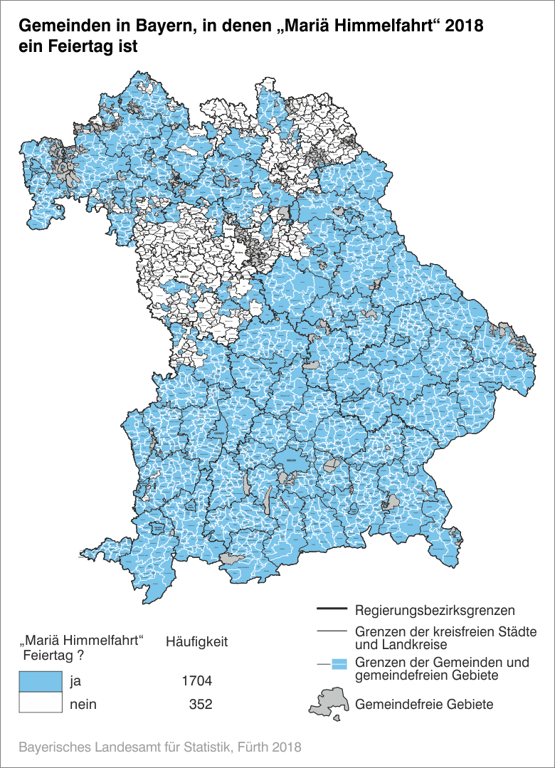 Gemeinden in Bayern, in denen Mariä Himmelfahrt 2018 ein Feiertag ist