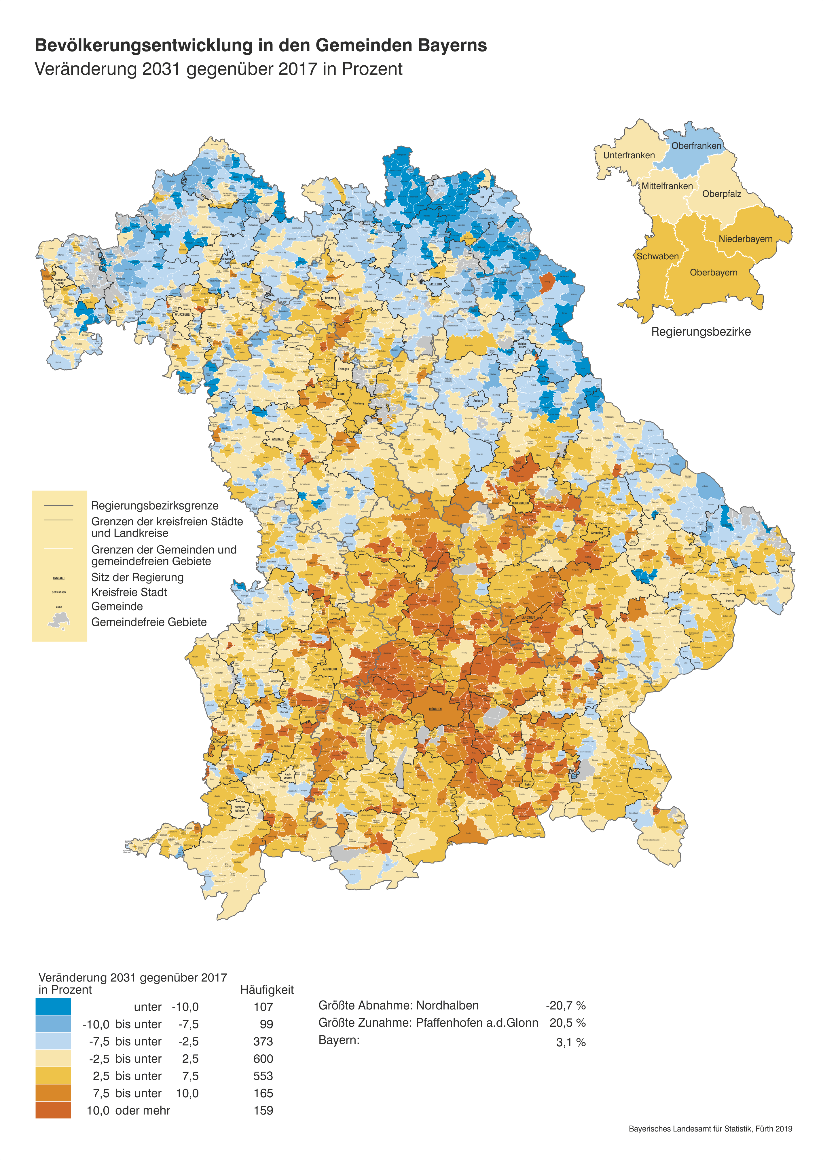 Bevölkerungsentwicklung in den Gemeinden Bayerns: Veränderung 2031 gegenüber 2017 in Prozent